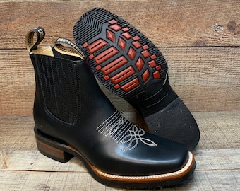Mens Black Leather Cowboy Boots, Square Toe Rodeo Chelsea Boots Botin