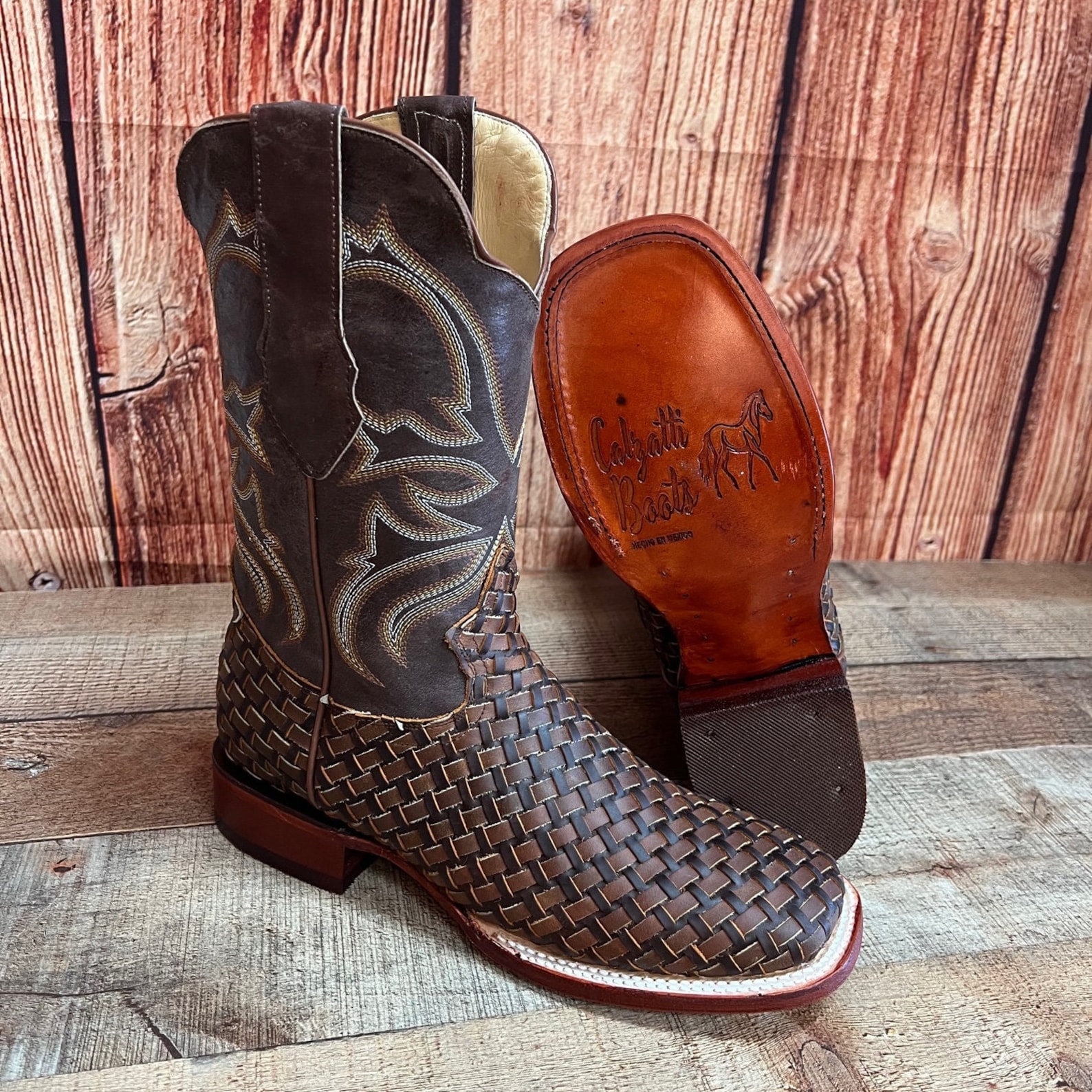 Men Western Cowboy Square Toe Woven Braided Leather Boots Bota Etsy
