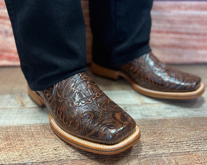 Hand Tooled Leather Cowboy Boots, Square Toe Rodeo Bota Sincelada