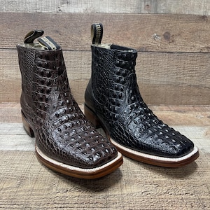 Men&#39;s Western Cowboy Crocodile Loin Print Genuine Cowhide Leather Ankle Boot Botin Est.382 Lomo Nilo