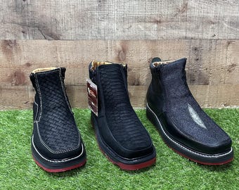 Handmade Black Leather Cowboy Ankle Boots, Square Toe, Red Sole