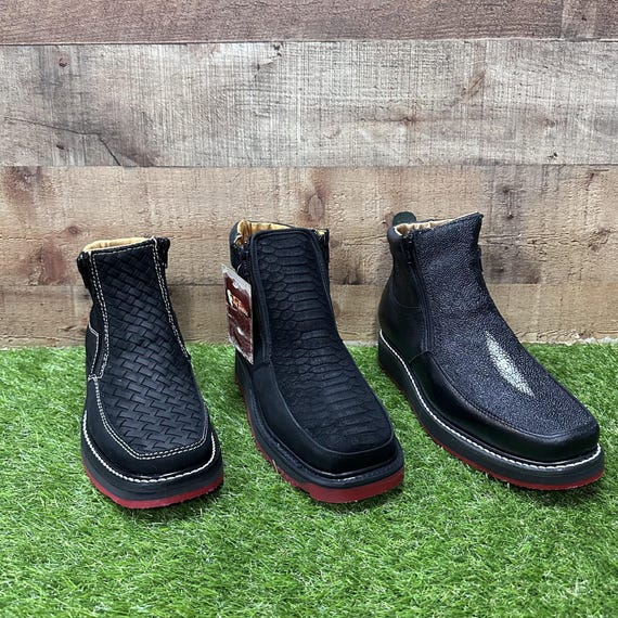 Black cowboy ankle boot with red sole made of Petatillo Python and Mantarraya for Men Square Toe Made in Mexico Botin Vaquero suela roja