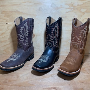 Botas vaqueras de punta cuadrada de cuero genuino, ropa de rodeo estilo western