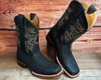 Men Western Cowboy Exotic BULLS NECK/ CUELLO De Toro Square Toe Boot Bota Vaquera caballero Cuadrada E-722