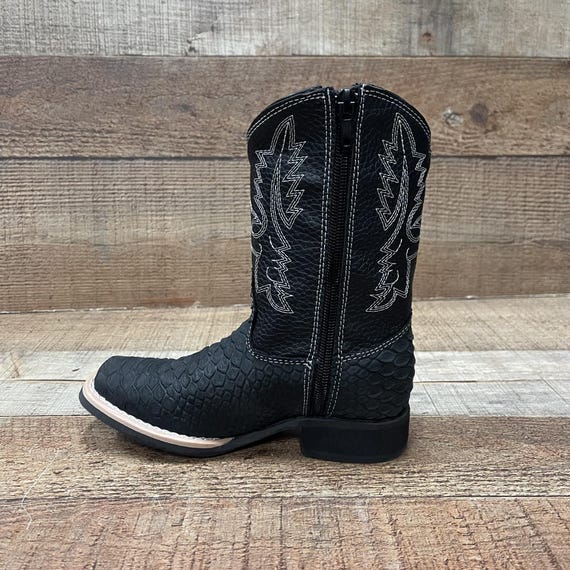 Boy's Zipper Western Cowboy Boots: Python Embroidered Square Toe