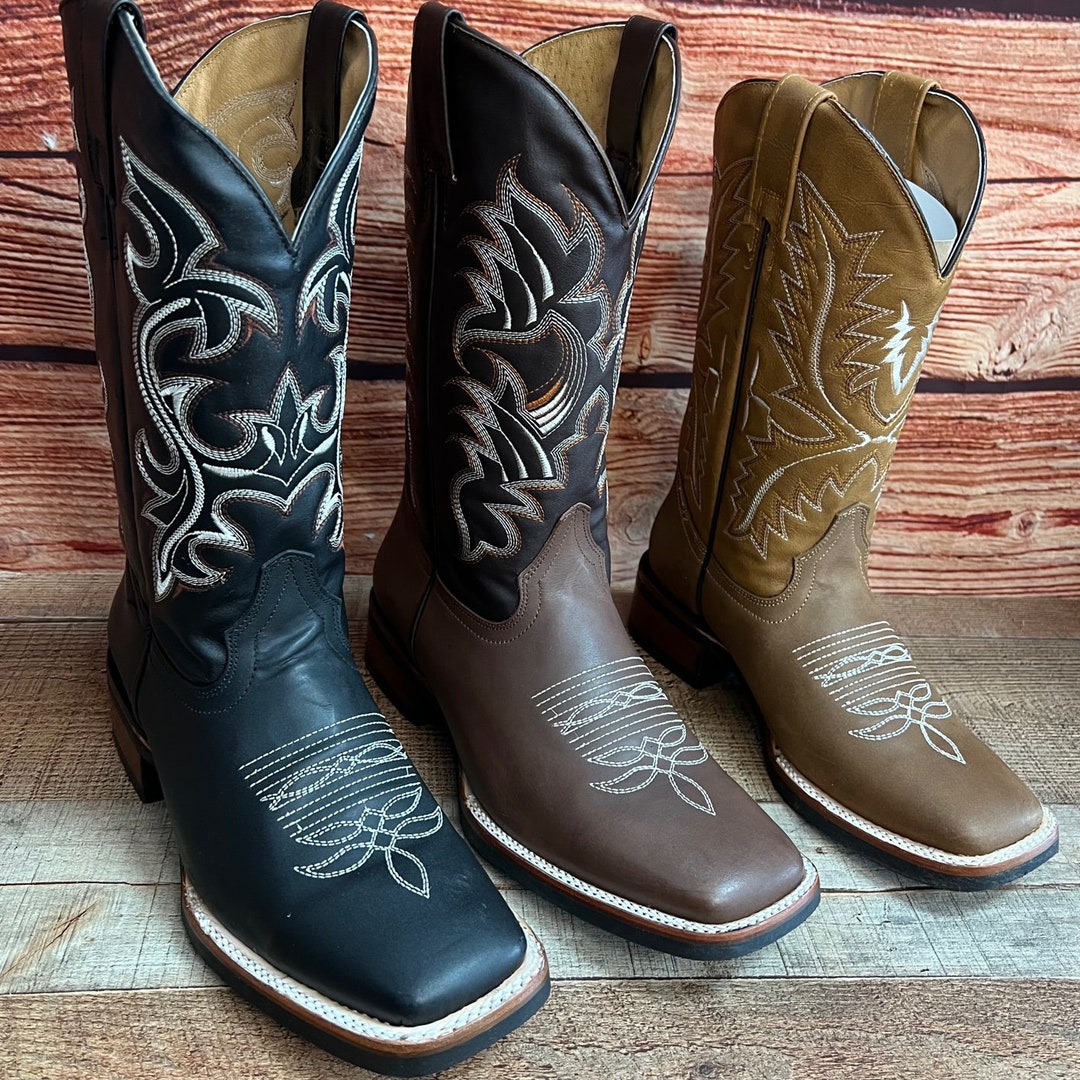 MEN WESTERN Square Toe Rodeo Cowboy Boots Genuine Leather Botas ...