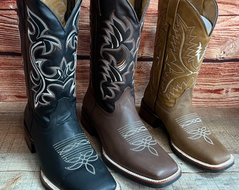 MEN WESTERN Square Toe Rodeo Cowboy Boots Genuine Leather Botas Vaqueras Estilo Rodeo Caballero Est.380