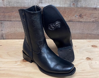 Handmade Genuine Leather Cowboy Boots: Black Western Zipper Boots - Dubai Toe