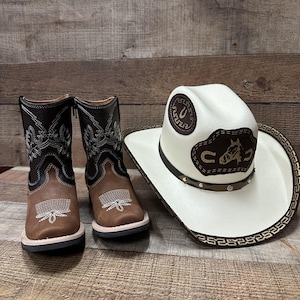 Boys' Embroidered Leather Cowboy Boot and Hat Set Est. 940