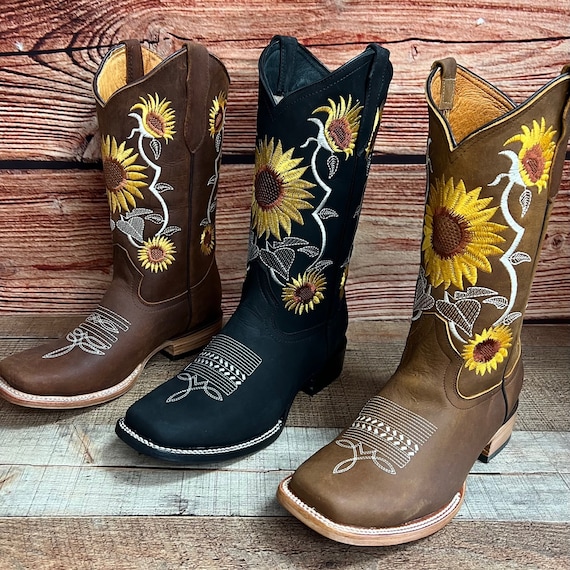 MUJERES WESTERN COWGIRL Girasol Bordado Puntera Cuadrada Botas - México