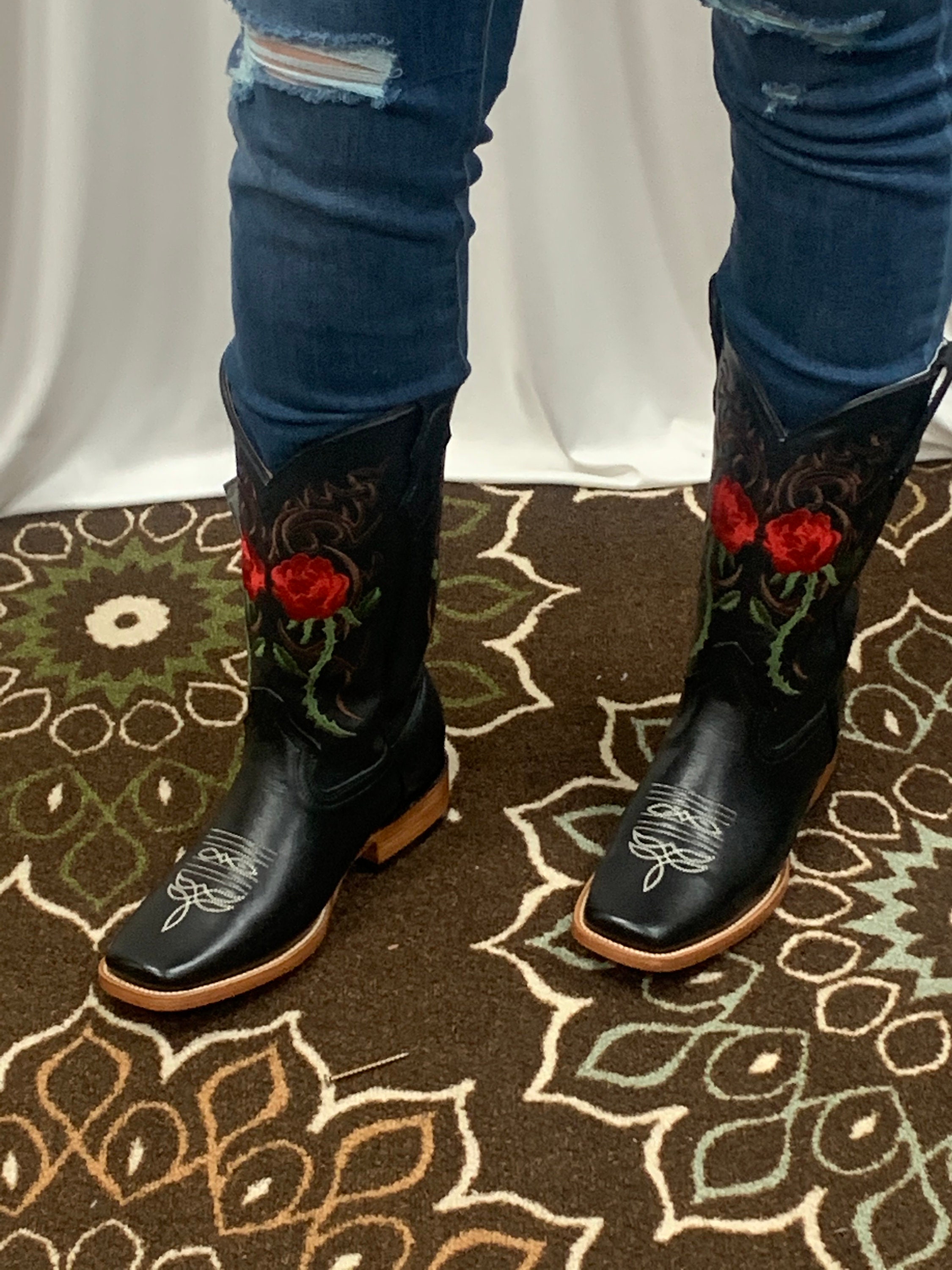 Womens Leather Cowgirl Boots, Western Rose Embroidered Square Toe