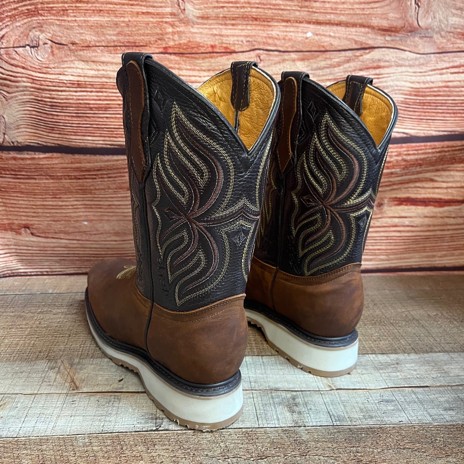 Botas Vaqueras Occidentales Con Punta Cuadrada De Cuero De Vaca Genuino Para Hombre, Marrón (Cognac Brown