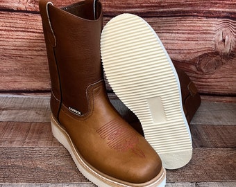 Men's Square Toe Rodeo Work Boots Pull-On Genuine Leather Very Light -Bota de Trabajo Mexicana No Casco Est. 915