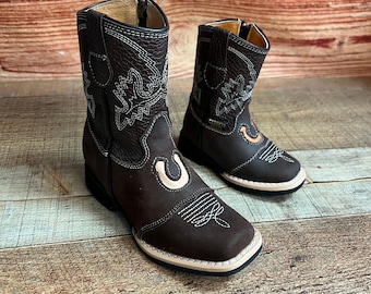 Boy's Toddler/ Walker Western Cowgirl Cowboy Square Toe Zipper Boots Bota Vaquera Para Nino Rodeo Horshoe Est. 560 Herradura