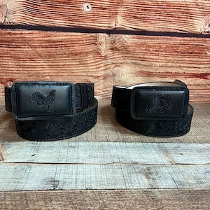 MENS WESTERN LEATHER western cowboy rodeo embroidered leather belt/ Cinto Bordado Caballo Y Gallo