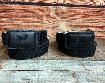 MENS WESTERN LEATHER western cowboy rodeo embroidered leather belt/ Cinto Bordado Caballo Y Gallo