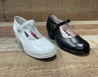 Girls's Handmade Leather Folklorico Dance Shoes: Black & White Heels