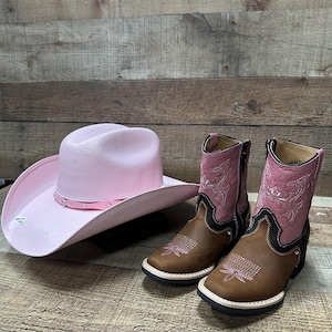 Girls' Embroidered Leather Cowgirl Boots and Pink Hat Set Est. 950