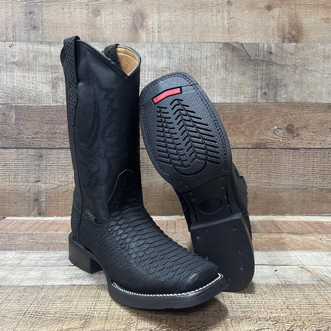Men's Black Genuine Cowleather Python Print Cowboy Boots: Square Toe ...