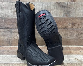 Men's Black Genuine Cowleather Python Print Cowboy Boots: Square Toe Leather Bota