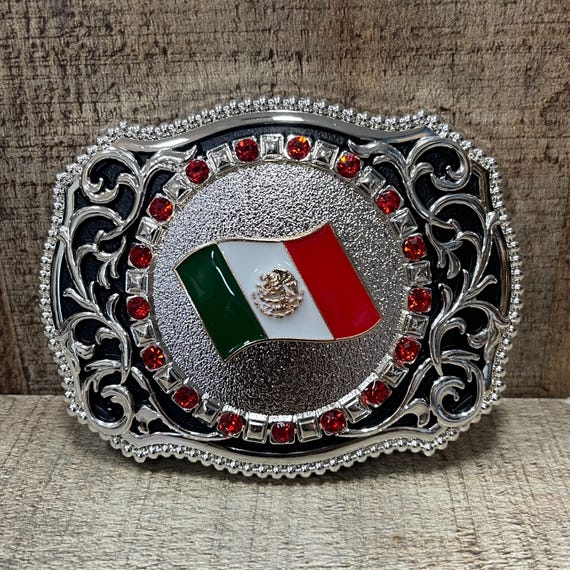 Engraved Silver Western Belt Buckle: Mexican Flag Cowboy 