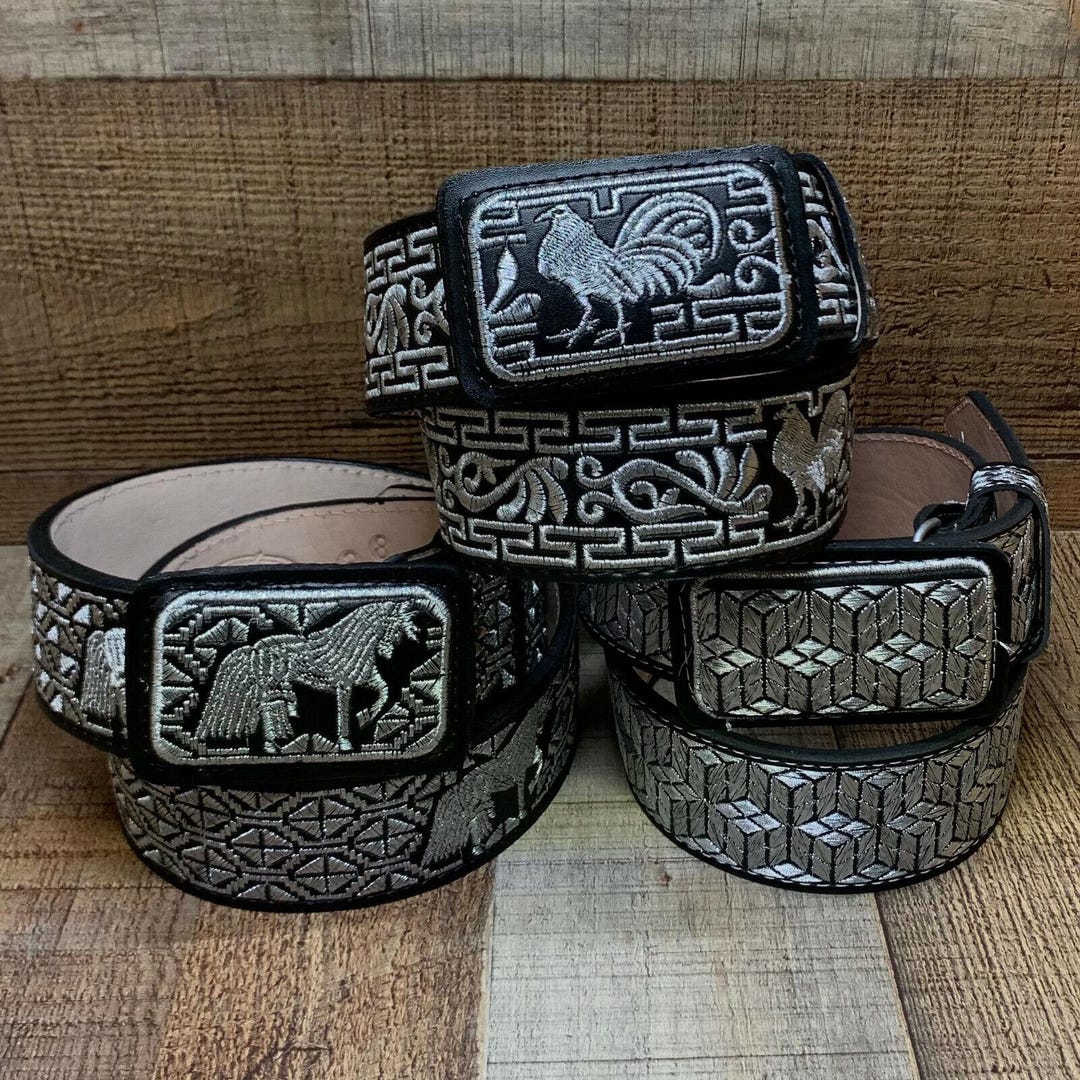 Men's Western Silver Embroidered Cowboy Rodeo Belt, Cinto Charro