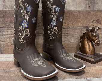 ショートブーツ・ブーティ   COWBOY ABRASIVATO LEATHER WOMENS COWGIRL Cowboy Square Toe Leather Flower Embroidered