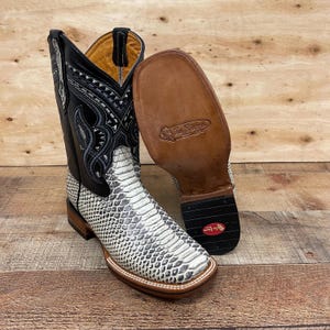 Men's Genuine Leather Handmade Western Cowboy Boots: Gray Python Print, Square Toe