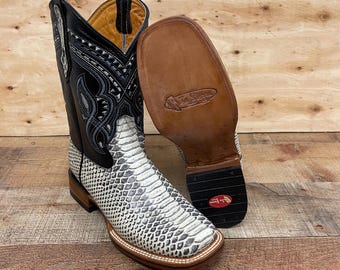 Men's Genuine Leather Handmade Western Cowboy Boots: Gray Python Print, Square Toe