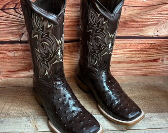 こっちー出品 MEN western COWBOY Square Toe Boot Ostrich print Leather Lomo De