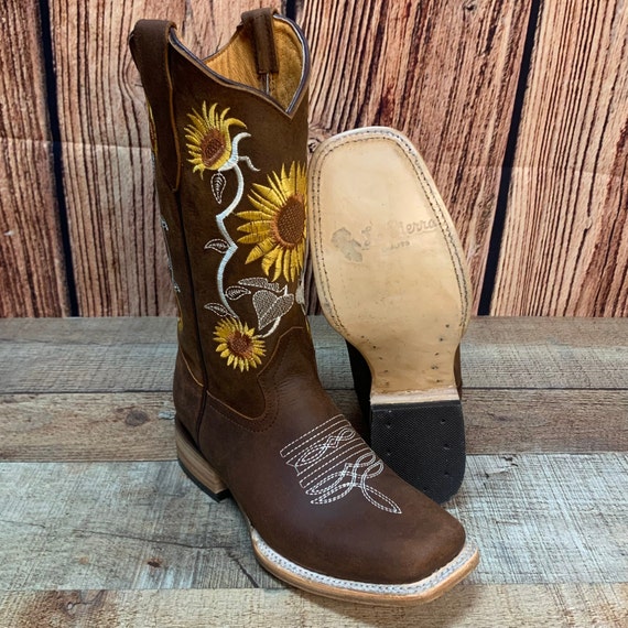 WOMEN WESTERN COWGIRL Sunflower Embroidered Square Toe Boots Bota