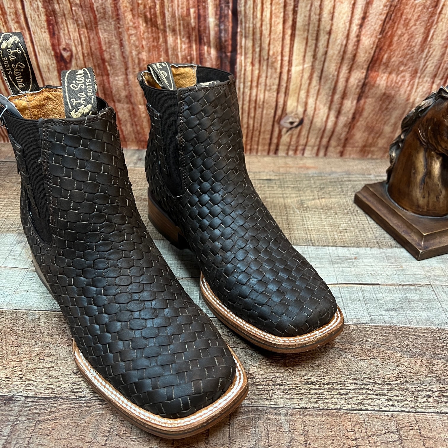 Mens Hand Woven Leather Cowboy Booties, Square Toe Western Boots