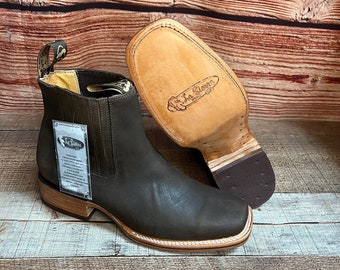 Men's Handmade Leather Cowboy Ankle Boots, Brown Square Toe