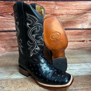 MEN western COWBOY Square Toe Boot Ostrich print Leather Lomo De Avestruz Impresa Bota Vaquera rodeo Black