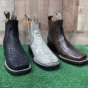 Men Leather Python print western style cowboy rodeo slip-on ankle-square boots 715