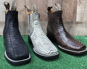 Men Leather Python print western style cowboy rodeo slip-on ankle-square boots 715