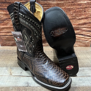 Men's Genuine Leather Handmade Brown Python Print Western Boots: Square Toe Rodeo Style