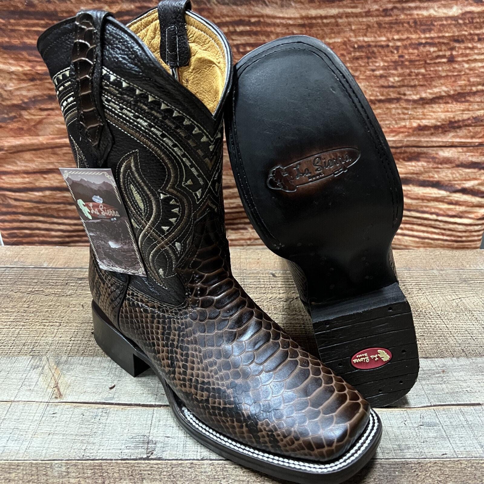 Men's Genuine Leather Handmade Brown Python Print Western Boots