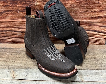 Mens Bullneck Leather Cowboy Boots: Square Toe Rodeo Ankle Botin Western Boots Style