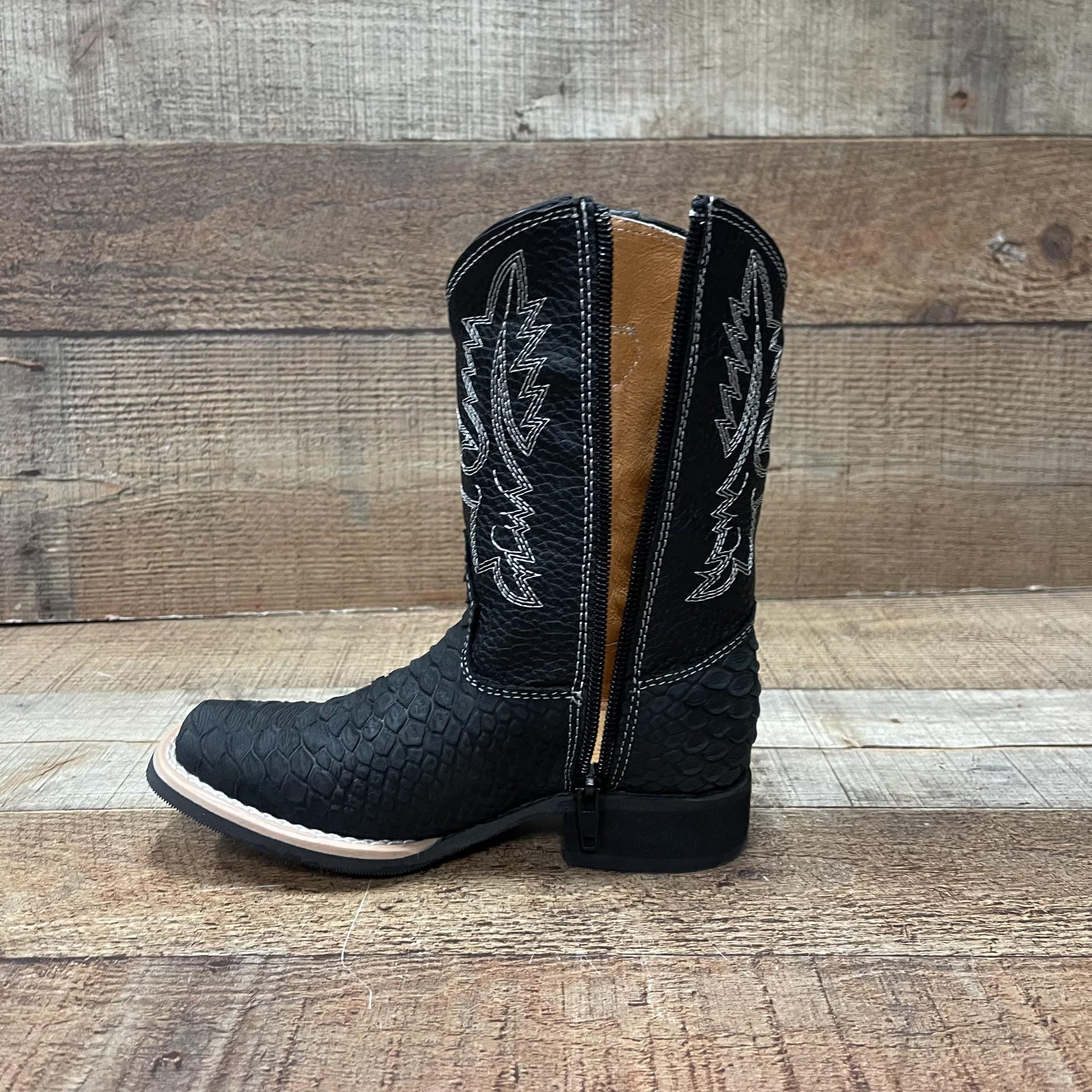 Boy's Zipper Western Cowboy Boots: Python Embroidered Square Toe