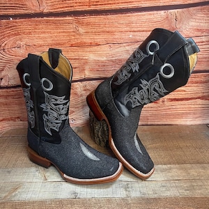 Men&#39;s Western Cowboy EXOTIC Stingray Print Leather SQUARE TOE Boots Bota Vaquera Mantarraya Rodeo Est.722