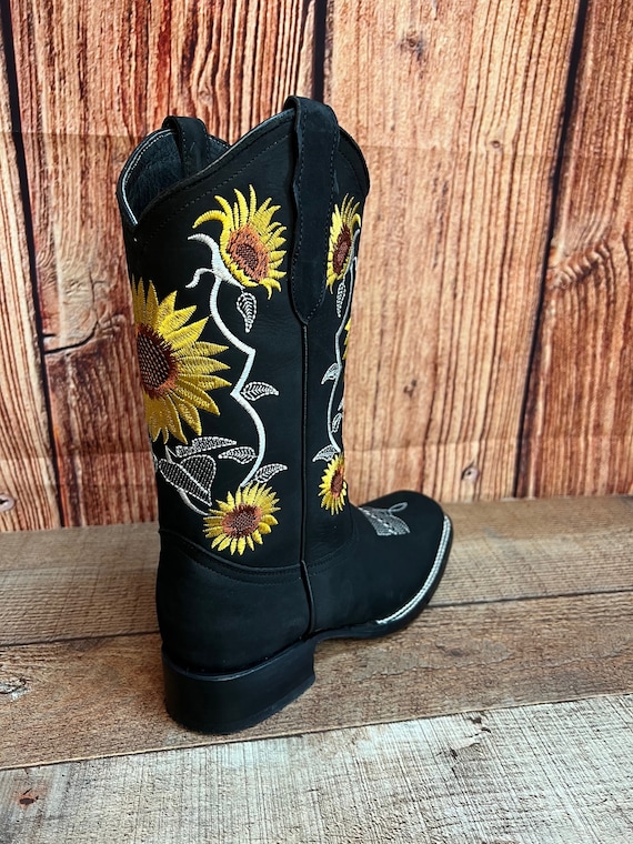 WOMENS COWGIRL Cowboy Square Toe Leather Sunflower Embroidered BOOTS 