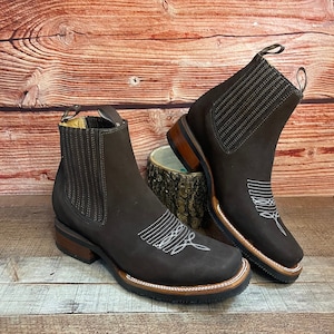 MENS Chocolate Brown Western Cowboy Chelsea LEATHER COWBOY rodeo square toe half ankle boots Booties botines Vaqueros Rodeo Est. 361