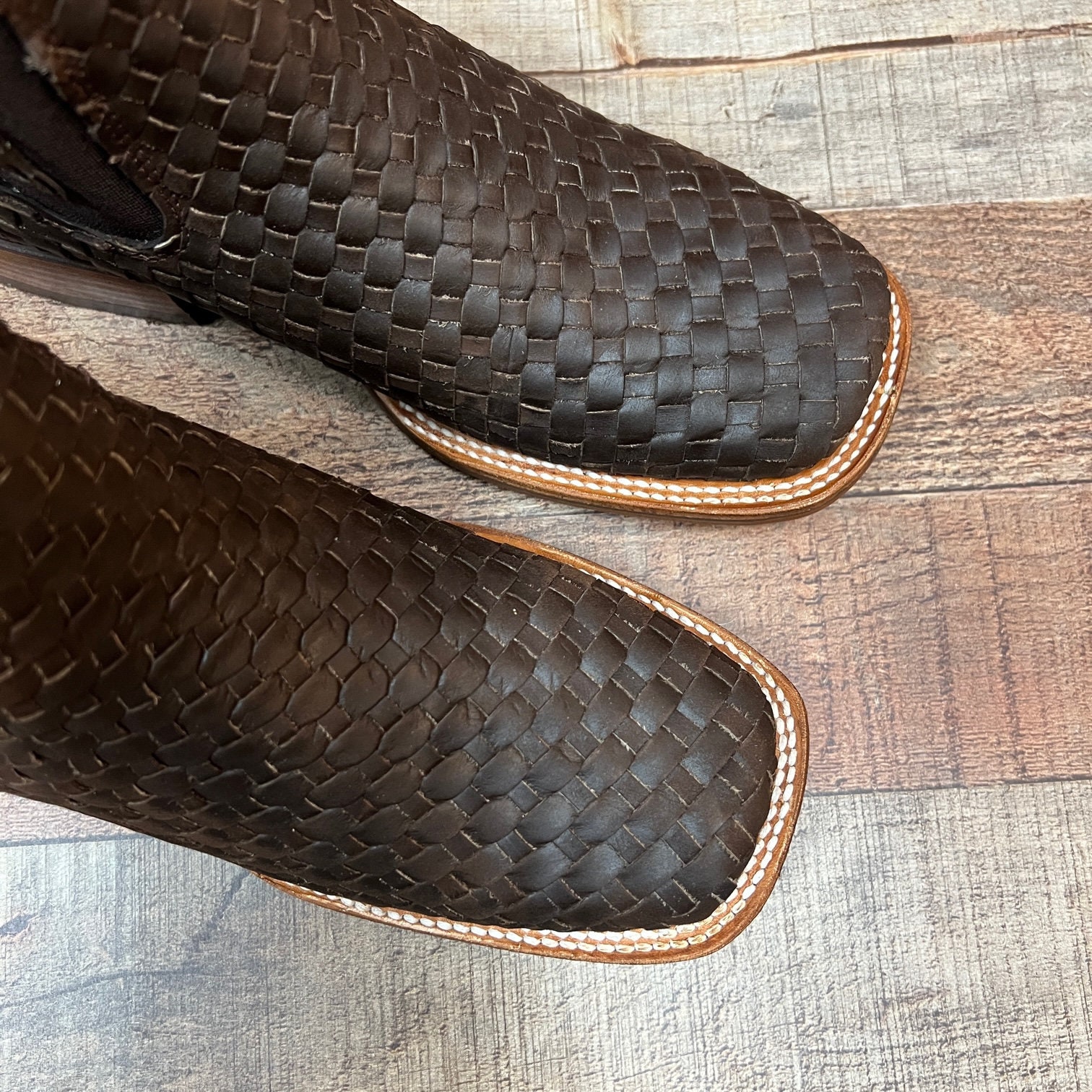 Mens Hand Woven Leather Cowboy Booties, Square Toe Western  display picture 3