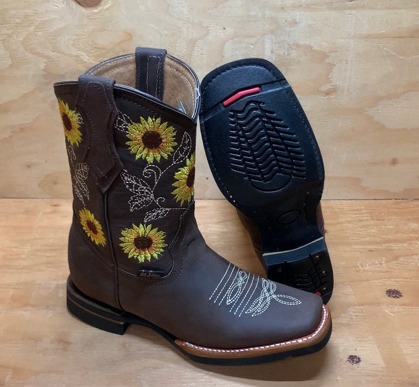WOMENS COWGIRL Square Toe Leather Sunflower Embroidered BOOTS