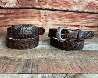 Embossed Genuine Leather Western Belt, Rodeo Cowboy Cowgirl  display picture 1