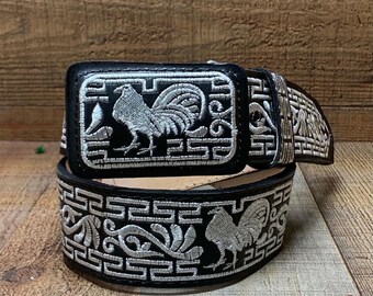 Belt Cinto Bordado A Mano Estilo Piteado Negro Cinto Vaquero 2 Caballo