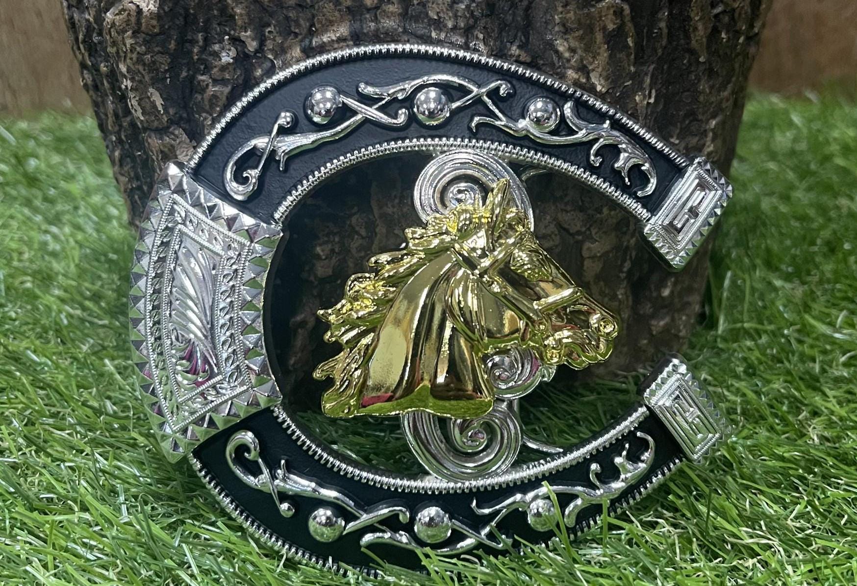 Western Cowboy Gold and Silver Horseshoe and Horse Buckle/ Hebillas vaqueras de herradura y Caballo
