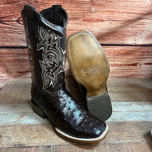 MEN western COWBOY Square Toe Boot Ostrich print Leather Lomo De Avestruz Impresa Bota Vaquera rodeo Brown