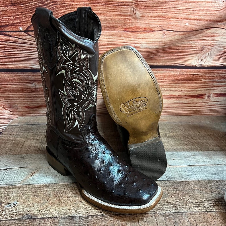 MEN western COWBOY Square Toe Boot Ostrich print Leather Lomo De Avestruz Impresa Bota Vaquera rodeo Brown